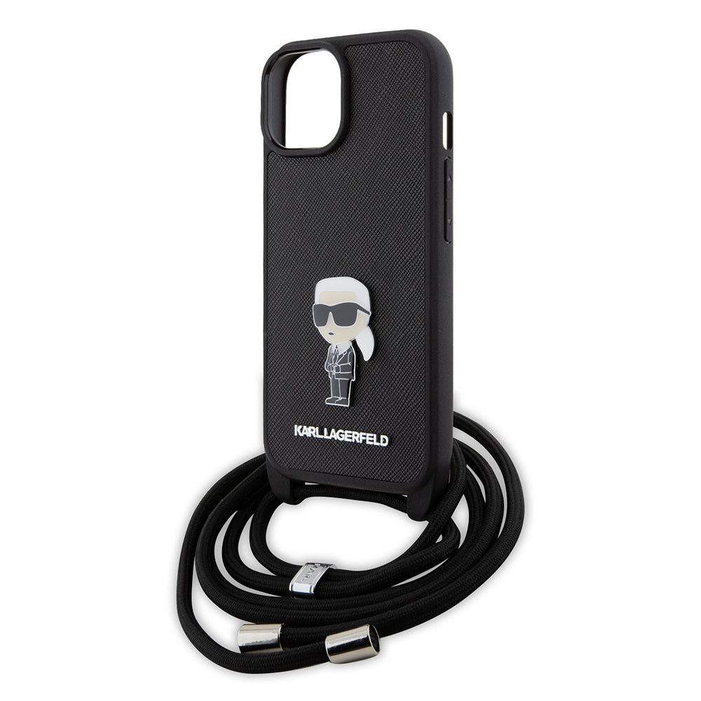 Funda para Apple iPhone 15, Karl Lagerfeld, Saffiano Crossbody Monogram Metal Pin Karl, Negra