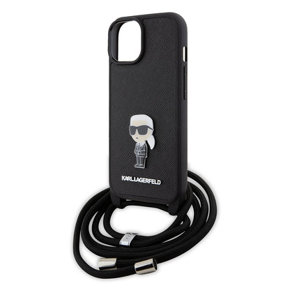 Funda para Apple iPhone 15, Karl Lagerfeld, Saffiano Crossbody Monogram Metal Pin Karl, Negra