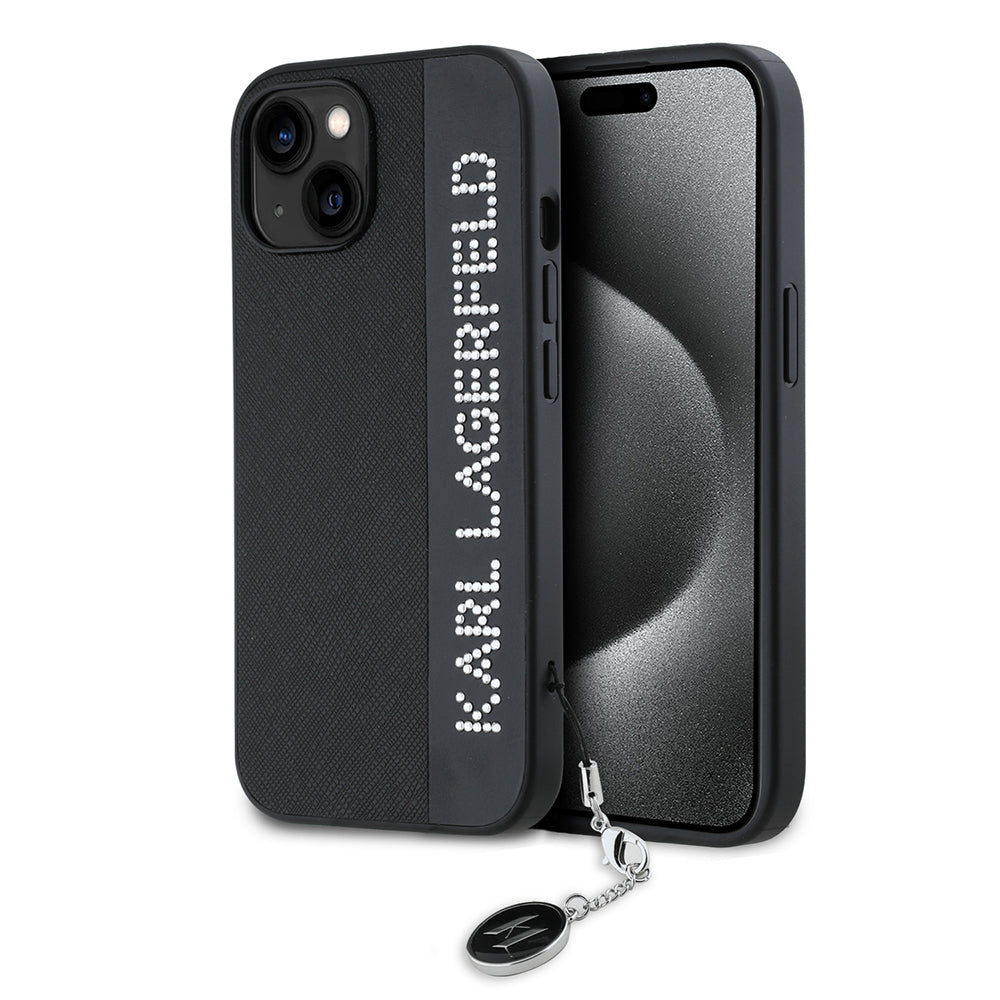 Funda para Apple iPhone 15, Karl Lagerfeld, Saffiano Rhinestones & Charm, Negra