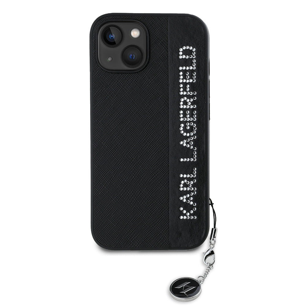 Funda para Apple iPhone 15, Karl Lagerfeld, Saffiano Rhinestones & Charm, Negra