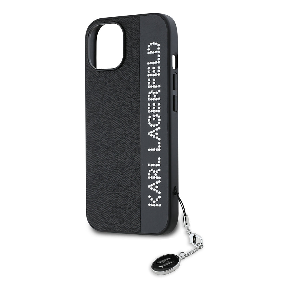 Funda para Apple iPhone 15, Karl Lagerfeld, Saffiano Rhinestones & Charm, Negra