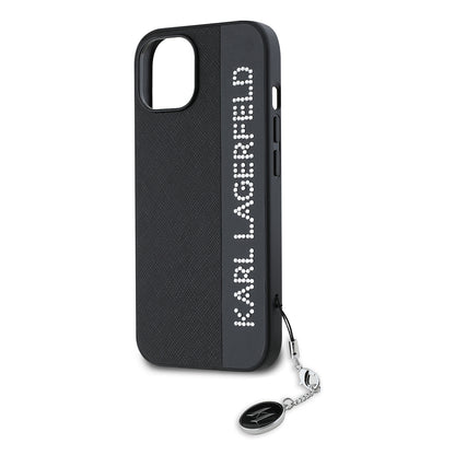 Funda para Apple iPhone 15, Karl Lagerfeld, Saffiano Rhinestones & Charm, Negra
