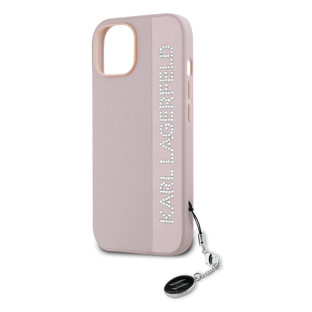 Funda para Apple iPhone 15, Karl Lagerfeld, Saffiano Rhinestones & Charm, Rosa