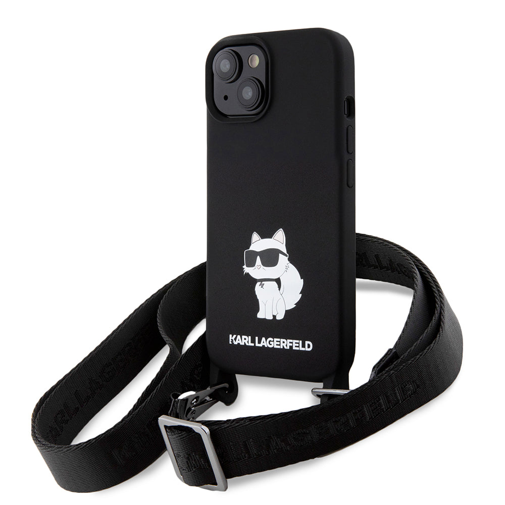 Funda para Apple iPhone 15, Karl Lagerfeld, Silicone Crossbody Choupette, Negra