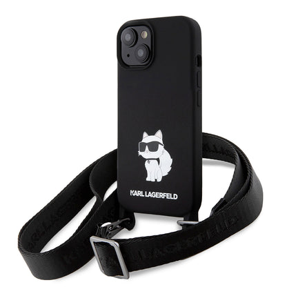 Funda para Apple iPhone 15, Karl Lagerfeld, Silicone Crossbody Choupette, Negra
