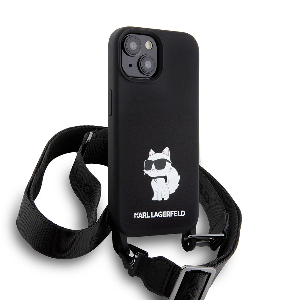 Funda para Apple iPhone 15, Karl Lagerfeld, Silicone Crossbody Choupette, Negra