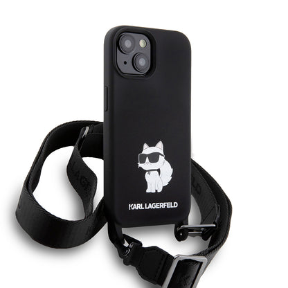 Funda para Apple iPhone 15, Karl Lagerfeld, Silicone Crossbody Choupette, Negra