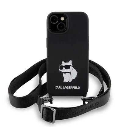 Funda para Apple iPhone 15, Karl Lagerfeld, Silicone Crossbody Choupette, Negra