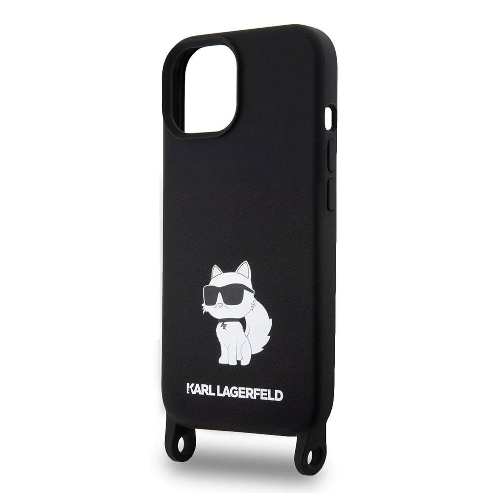 Funda para Apple iPhone 15, Karl Lagerfeld, Silicone Crossbody Choupette, Negra