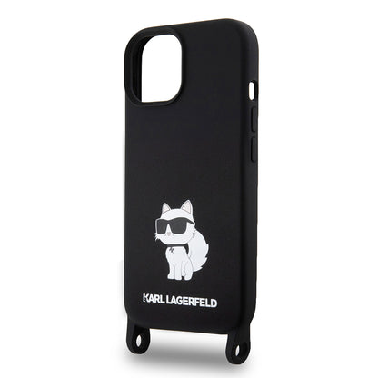 Funda para Apple iPhone 15, Karl Lagerfeld, Silicone Crossbody Choupette, Negra
