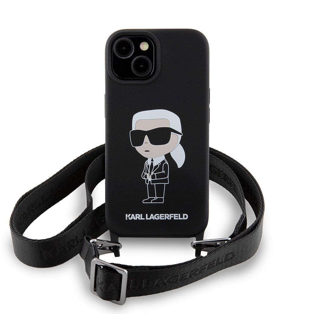 Funda para Apple iPhone 15, Karl Lagerfeld, Silicone Crossbody Ikonik Karl, Negra