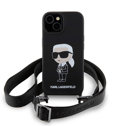 Funda para Apple iPhone 15, Karl Lagerfeld, Silicone Crossbody Ikonik Karl, Negra