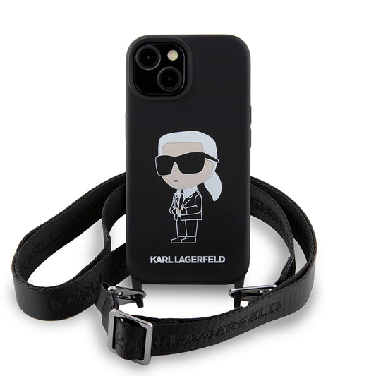 Funda para Apple iPhone 15, Karl Lagerfeld, Silicone Crossbody Ikonik Karl, Negra