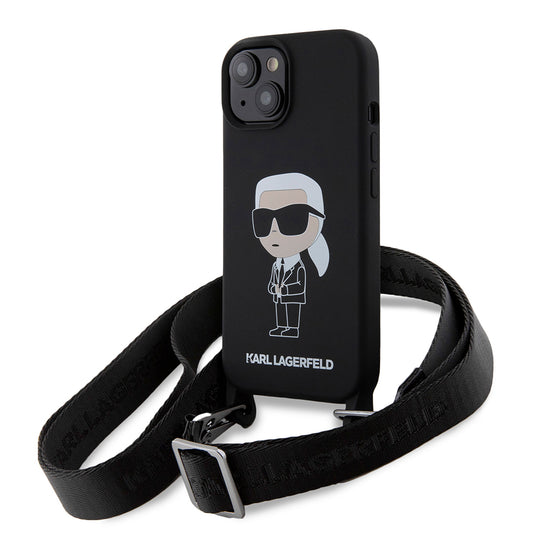 Funda para Apple iPhone 15, Karl Lagerfeld, Silicone Crossbody Ikonik Karl, Negra