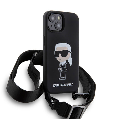 Funda para Apple iPhone 15, Karl Lagerfeld, Silicone Crossbody Ikonik Karl, Negra