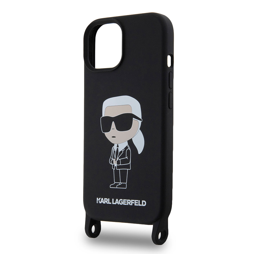 Funda para Apple iPhone 15, Karl Lagerfeld, Silicone Crossbody Ikonik Karl, Negra