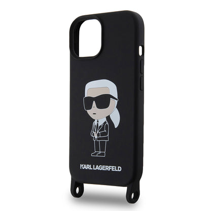 Funda para Apple iPhone 15, Karl Lagerfeld, Silicone Crossbody Ikonik Karl, Negra