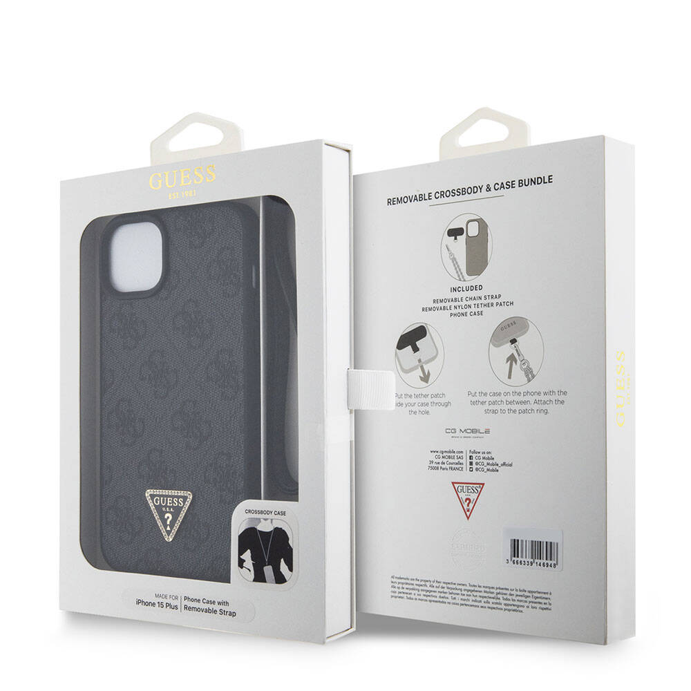 Funda para Apple iPhone 15 Plus, Guess, Crossbody 4G Metal Logo, Negra