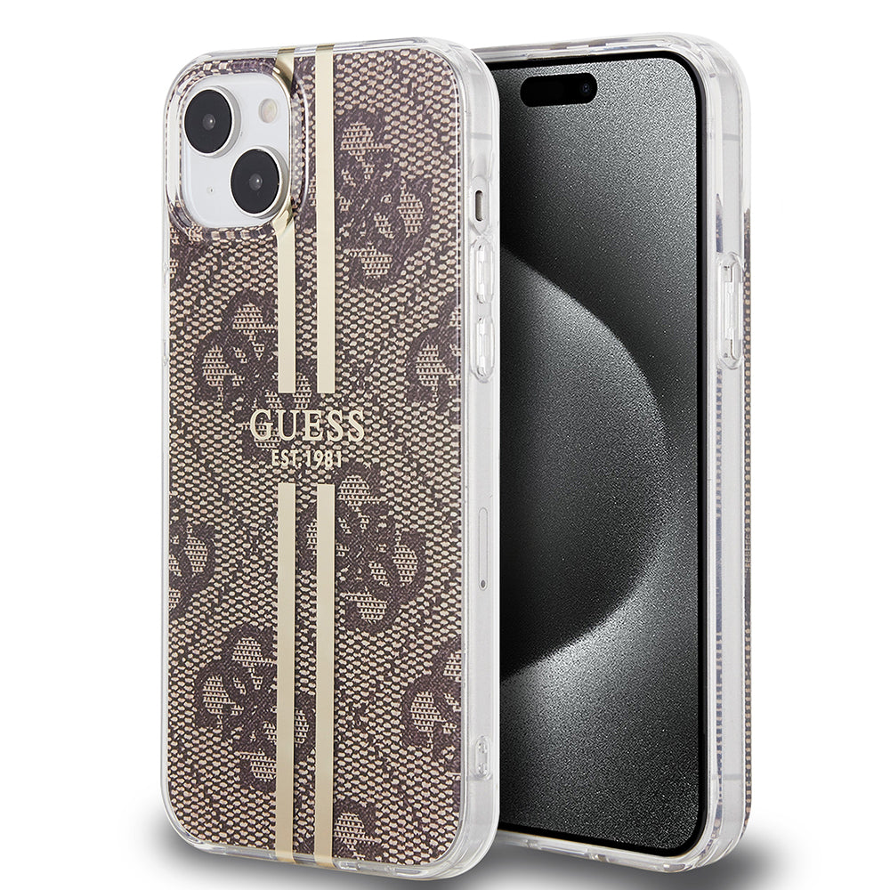 Funda para Apple iPhone 15 Plus, Guess, IML 4G Gold Stripe, Marrón