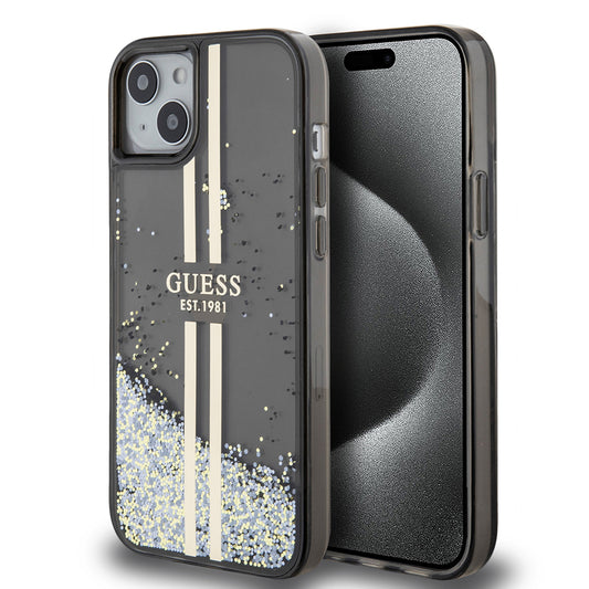 Funda para Apple iPhone 15 Plus, Guess, Liquid Glitter Gold Stripes, Negra