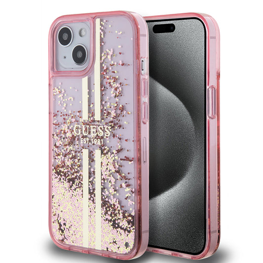 Funda para Apple iPhone 15 Plus, Guess, Liquid Glitter Gold Stripes, Rosa