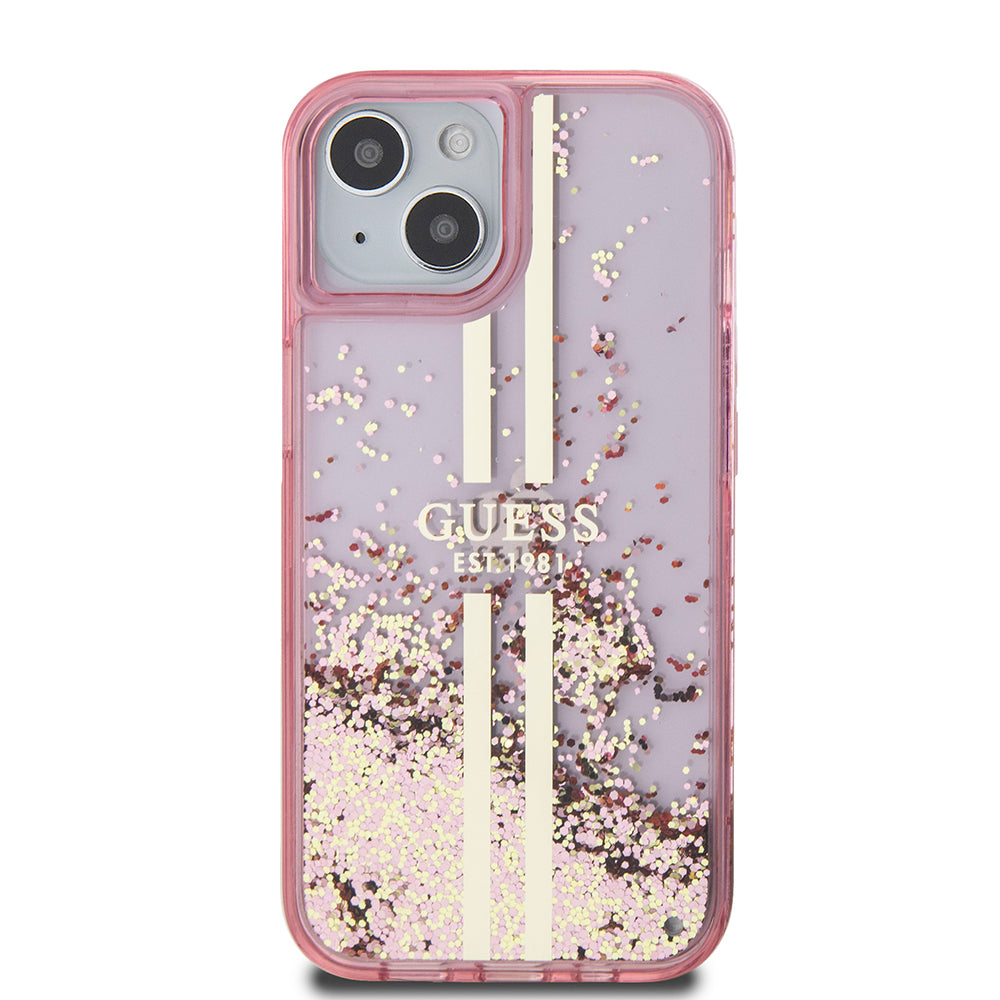 Funda para Apple iPhone 15 Plus, Guess, Liquid Glitter Gold Stripes, Rosa