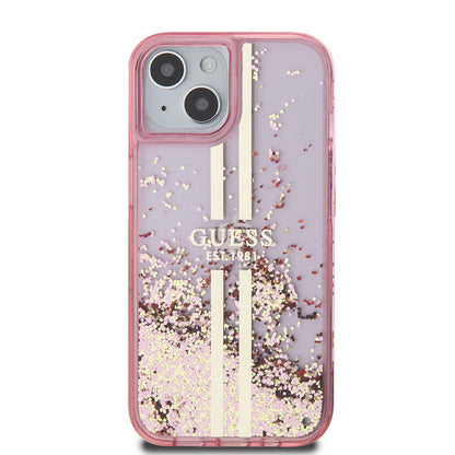 Funda para Apple iPhone 15 Plus, Guess, Liquid Glitter Gold Stripes, Rosa
