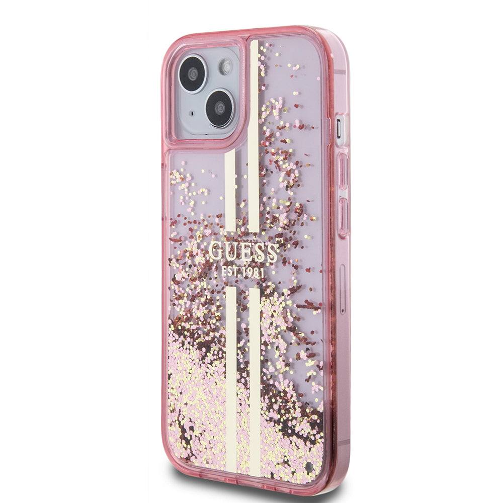 Funda para Apple iPhone 15 Plus, Guess, Liquid Glitter Gold Stripes, Rosa
