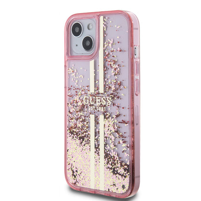 Funda para Apple iPhone 15 Plus, Guess, Liquid Glitter Gold Stripes, Rosa