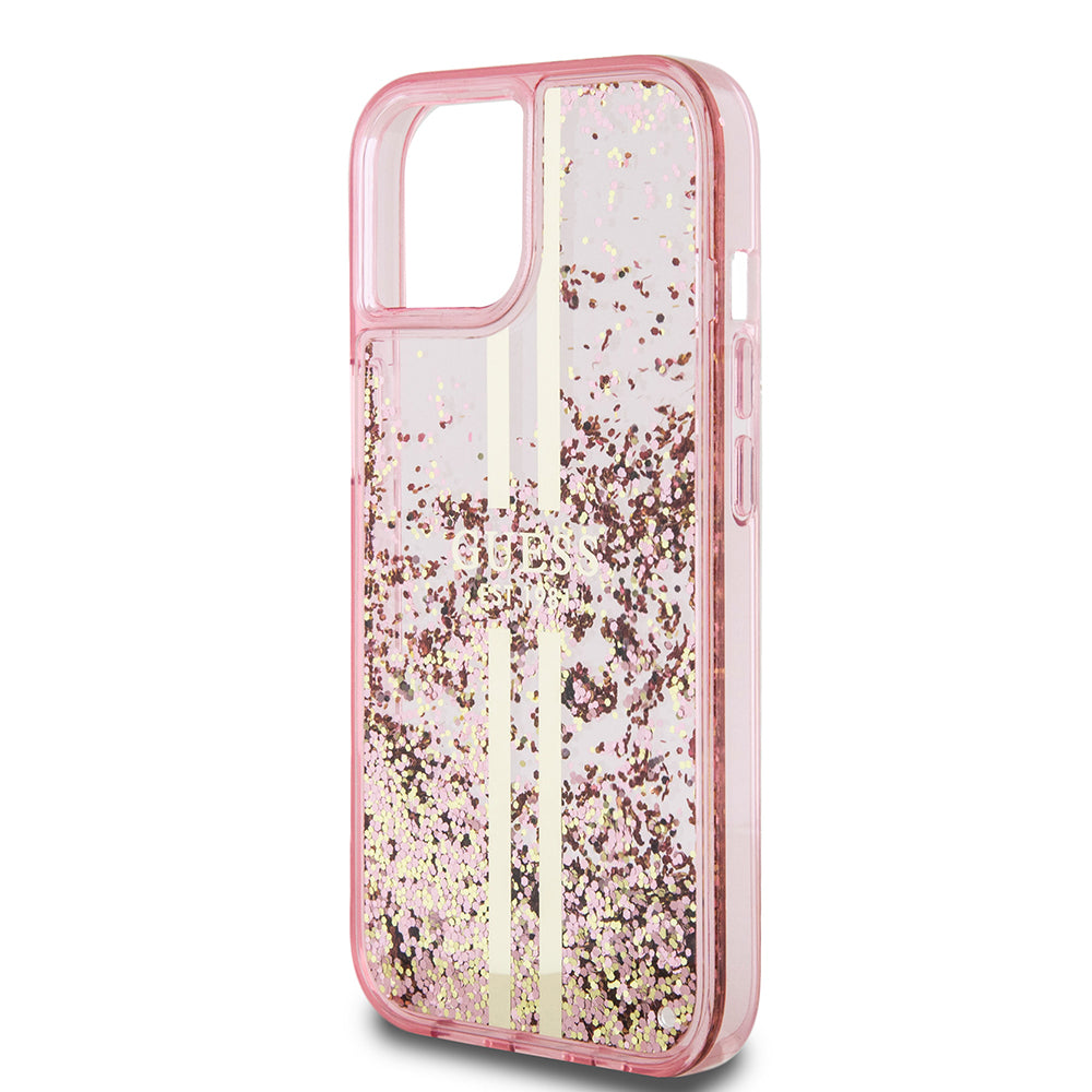 Funda para Apple iPhone 15 Plus, Guess, Liquid Glitter Gold Stripes, Rosa