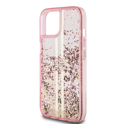 Funda para Apple iPhone 15 Plus, Guess, Liquid Glitter Gold Stripes, Rosa