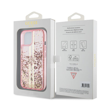 Funda para Apple iPhone 15 Plus, Guess, Liquid Glitter Gold Stripes, Rosa