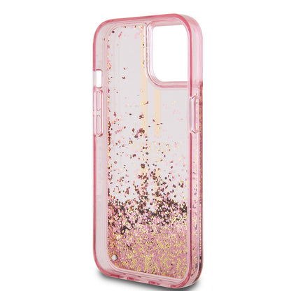 Funda para Apple iPhone 15 Plus, Guess, Liquid Glitter Gold Stripes, Rosa