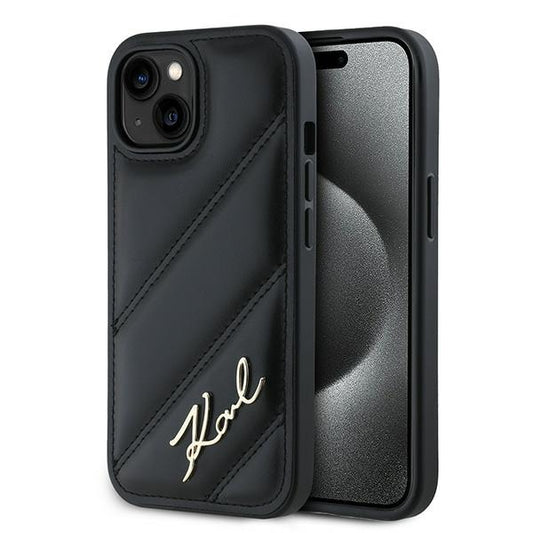 Funda para Apple iPhone 15 Plus, Karl Lagerfeld, Diagonal Quilted Script, Negra