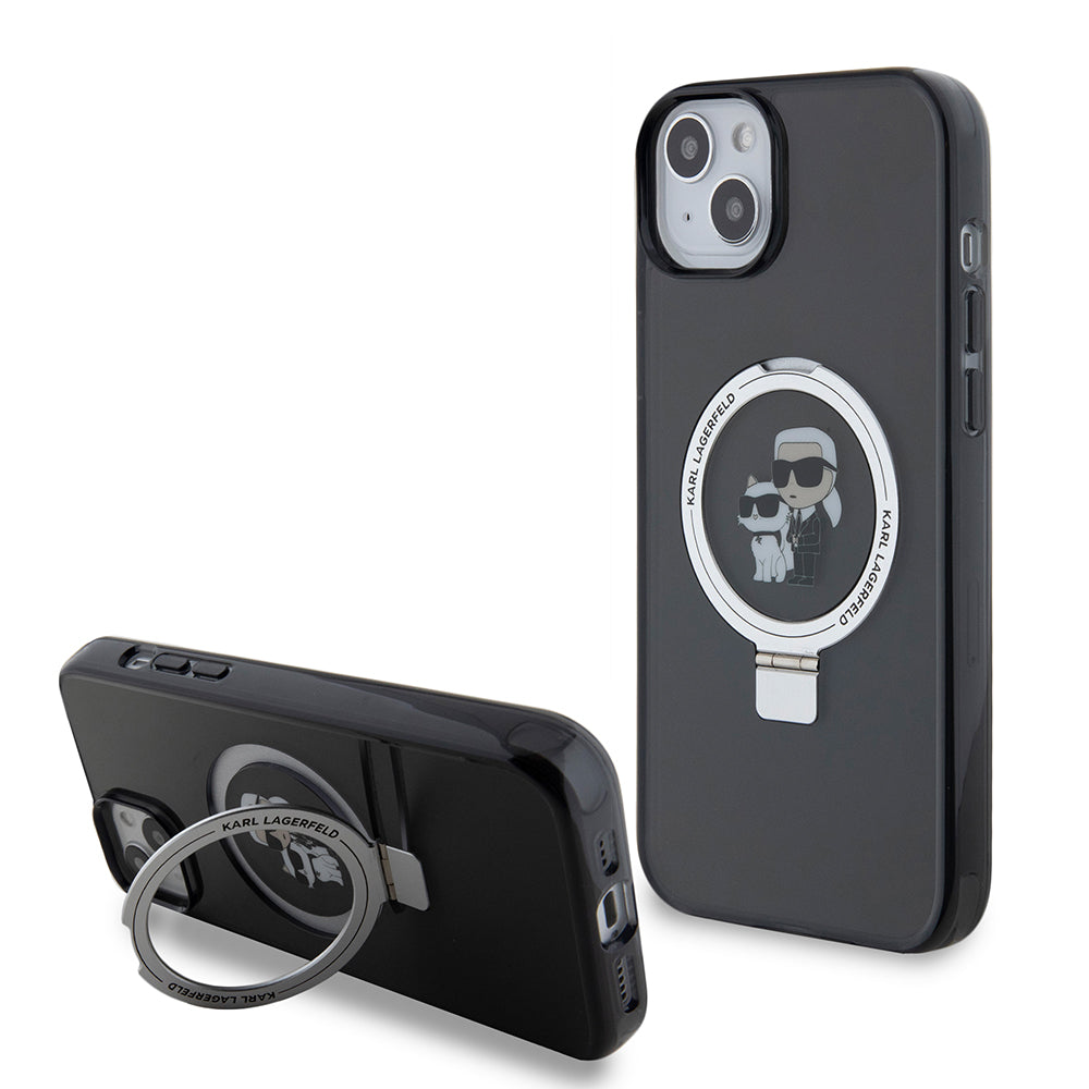 Funda para Apple iPhone 15 Plus, Karl Lagerfeld, Ringstand Karl & Choupette, Negra