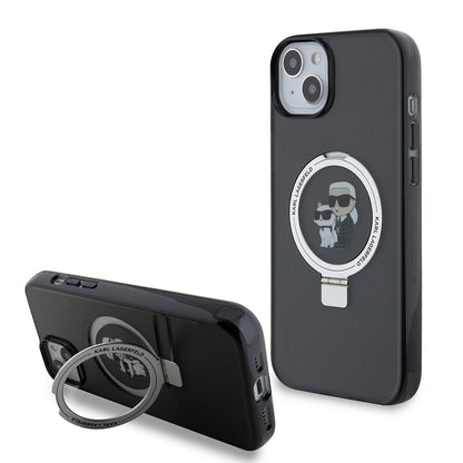 Funda para Apple iPhone 15 Plus, Karl Lagerfeld, Ringstand Karl & Choupette, Negra