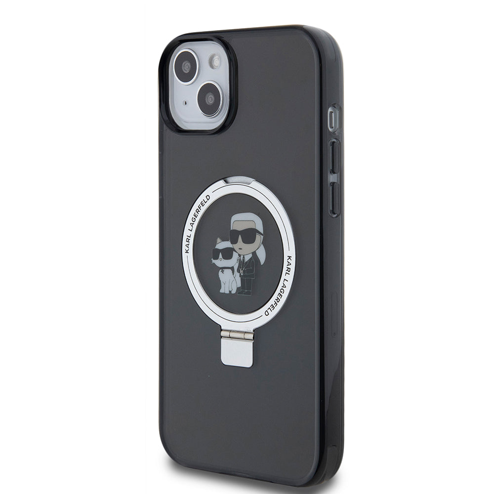 Funda para Apple iPhone 15 Plus, Karl Lagerfeld, Ringstand Karl & Choupette, Negra