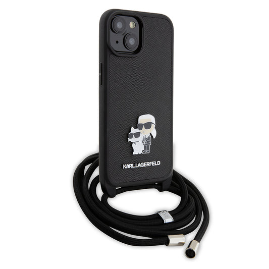 Funda para Apple iPhone 15 Plus, Karl Lagerfeld, Saffiano Crossbody Metal Pin Karl & Choupette, Negra
