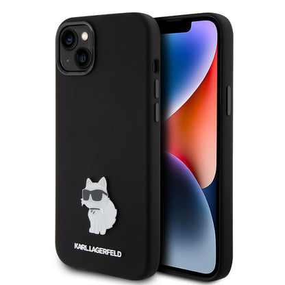 Funda para Apple iPhone 15 Plus, Karl Lagerfeld, Silicone Choupette Metal, Negra