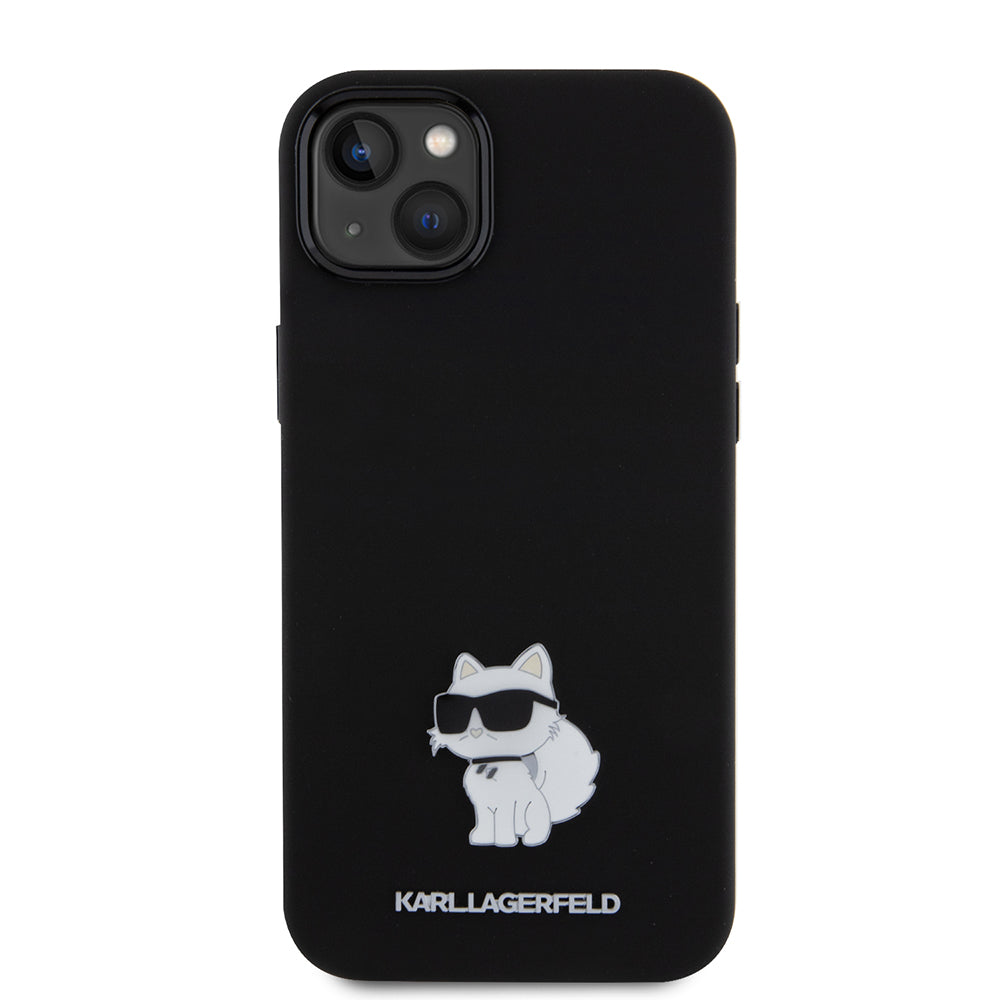 Funda para Apple iPhone 15 Plus, Karl Lagerfeld, Silicone Choupette Metal, Negra