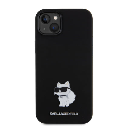 Funda para Apple iPhone 15 Plus, Karl Lagerfeld, Silicone Choupette Metal, Negra