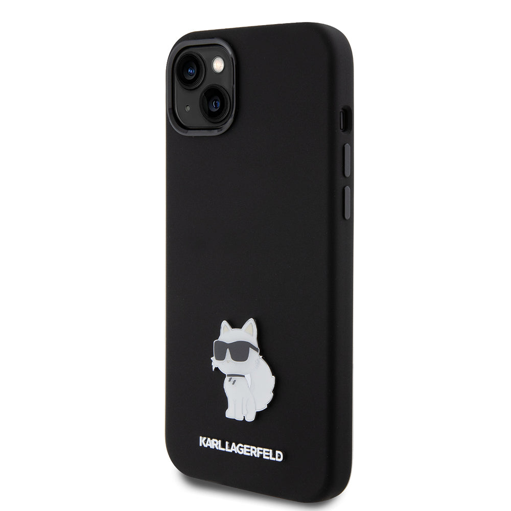 Funda para Apple iPhone 15 Plus, Karl Lagerfeld, Silicone Choupette Metal, Negra