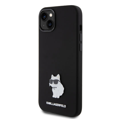 Funda para Apple iPhone 15 Plus, Karl Lagerfeld, Silicone Choupette Metal, Negra