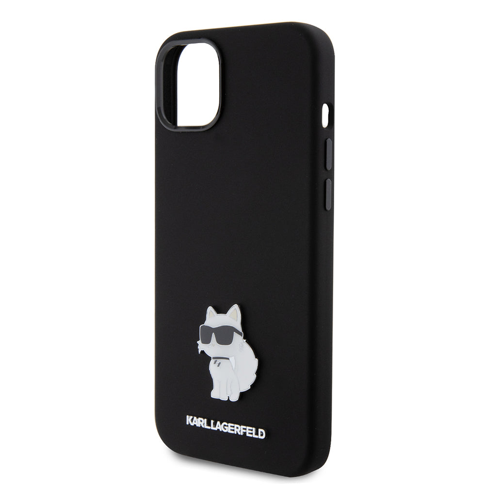 Funda para Apple iPhone 15 Plus, Karl Lagerfeld, Silicone Choupette Metal, Negra