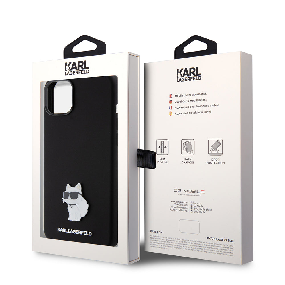 Funda para Apple iPhone 15 Plus, Karl Lagerfeld, Silicone Choupette Metal, Negra
