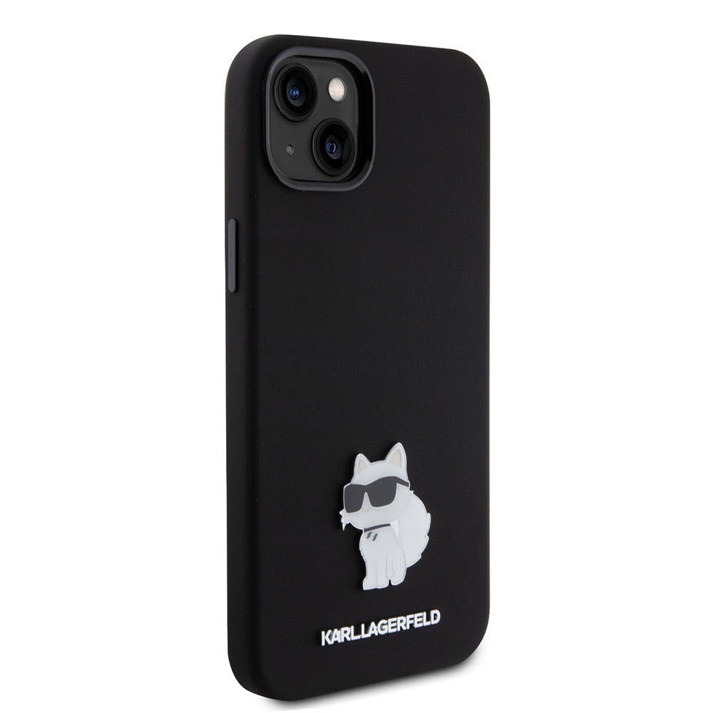 Funda para Apple iPhone 15 Plus, Karl Lagerfeld, Silicone Choupette Metal, Negra