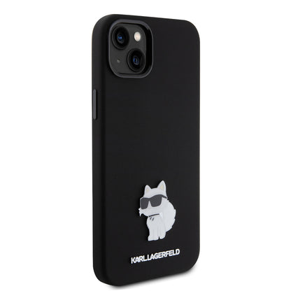 Funda para Apple iPhone 15 Plus, Karl Lagerfeld, Silicone Choupette Metal, Negra