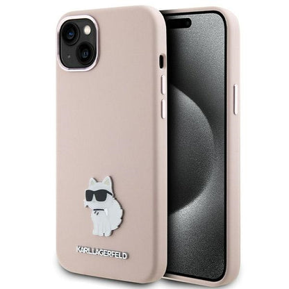 Funda para Apple iPhone 15 Plus, Karl Lagerfeld, Silicona Choupette Metal, Rosa