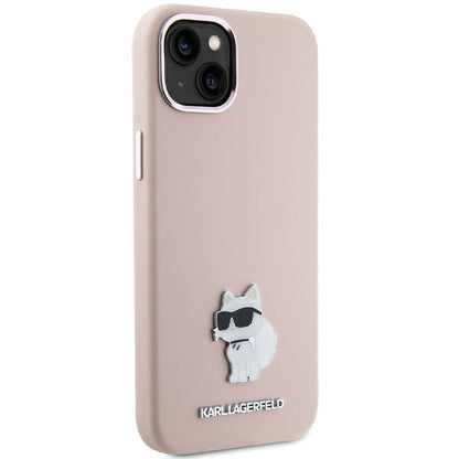 Funda para Apple iPhone 15 Plus, Karl Lagerfeld, Silicona Choupette Metal, Rosa