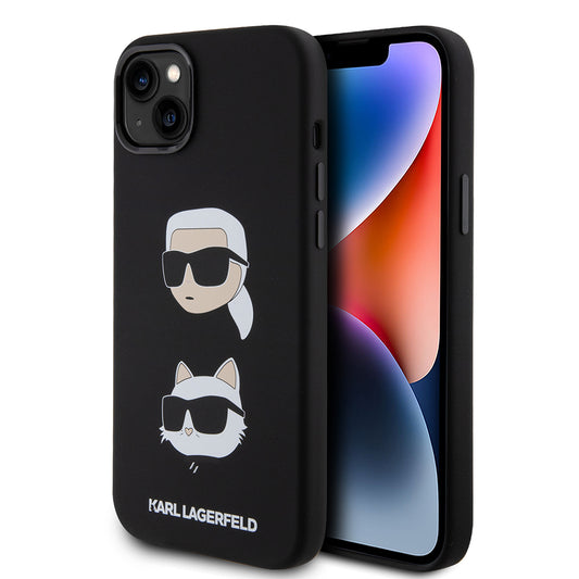 Funda para Apple iPhone 15 Plus, Karl Lagerfeld, Silicona Karl & Choupette's Heads, Negra